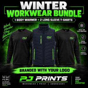 PJ Prints winter workwear bundle featuring one branded body warmer and two branded long sleeve T-shirts.