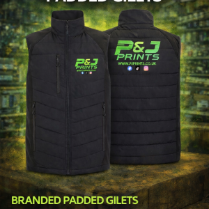 Custom branded padded gilet with logo printing on chest and back – professional workwear for businesses and teams