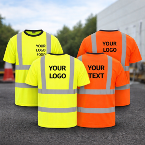 Printed hi-viz T-shirt with custom logo or text in yellow and orange